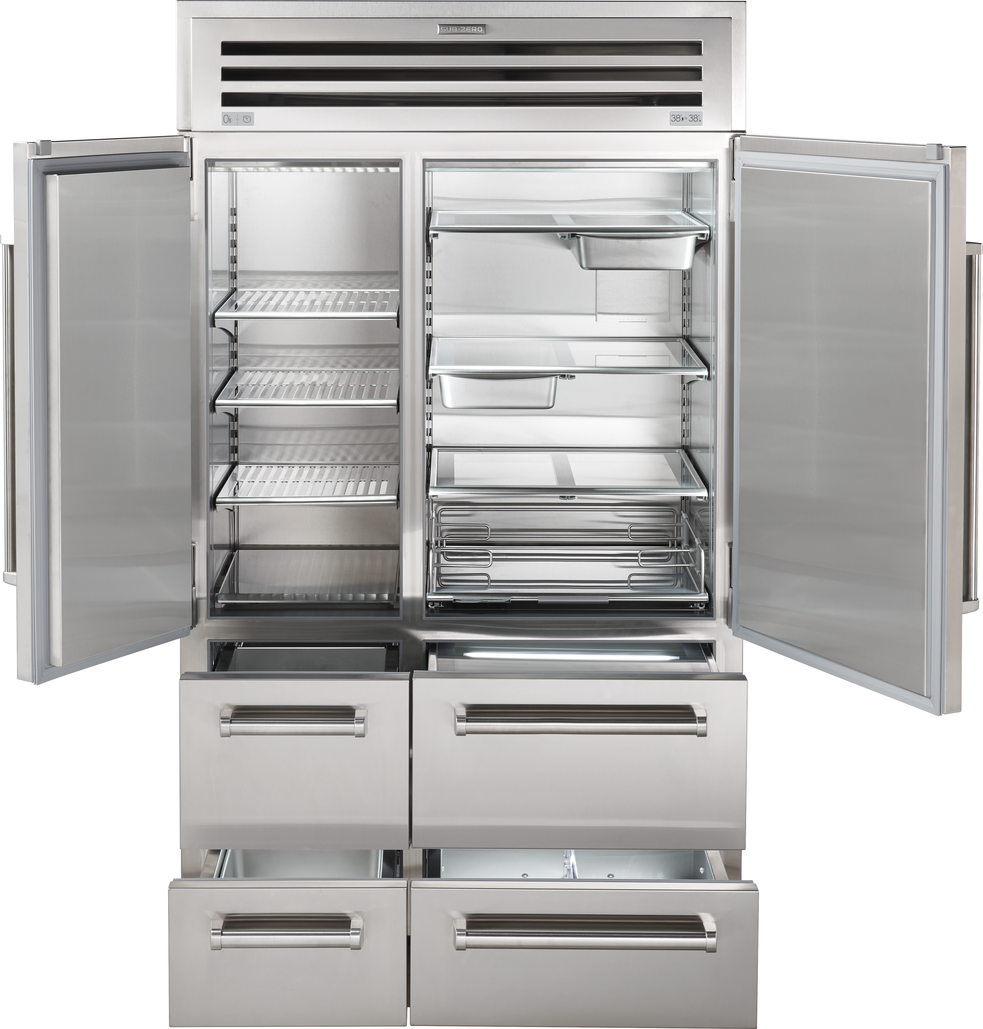 refrigerador-doble-moderno-acero-inoxidable-dispensador-inteligente-subzero-amplio-congelador-abierto