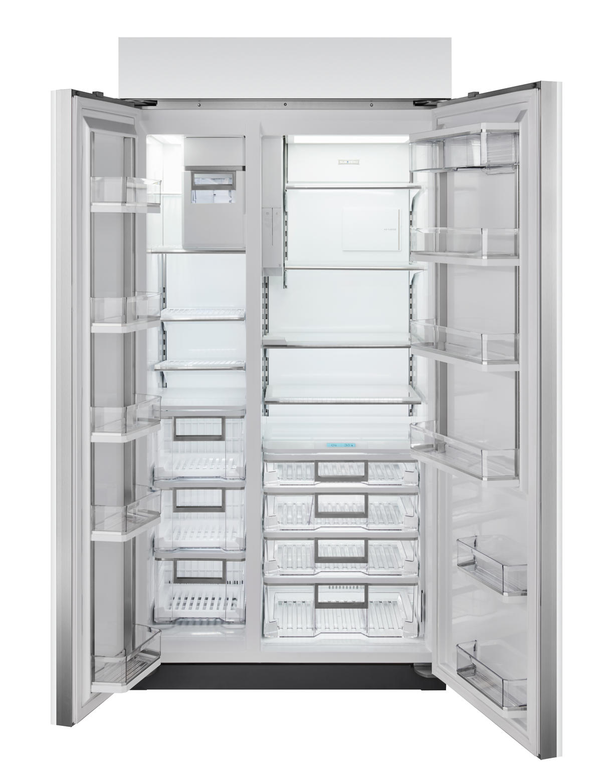 refrigerador-doble-moderno-acero-inoxidable-dispensador-inteligente-subzero-amplio-congelador-abierto