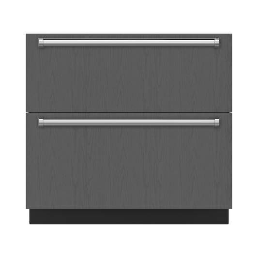36-inch panel-ready refrigerator/freezer drawers in grey finish with sleek horizontal handles and customizable design