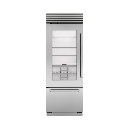 Refrigerador/congelador clásico de 36" con puertas de vidrio y puertas superpuestas