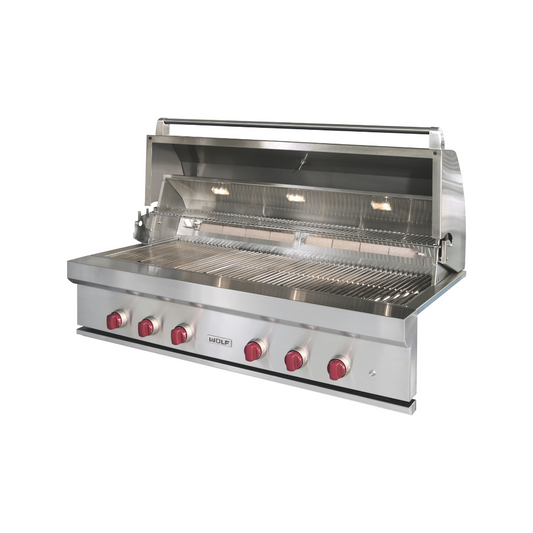 54-inch Outdoor Gas Grill with stainless steel construction, red control knobs, and halogen lighting for nighttime grilling