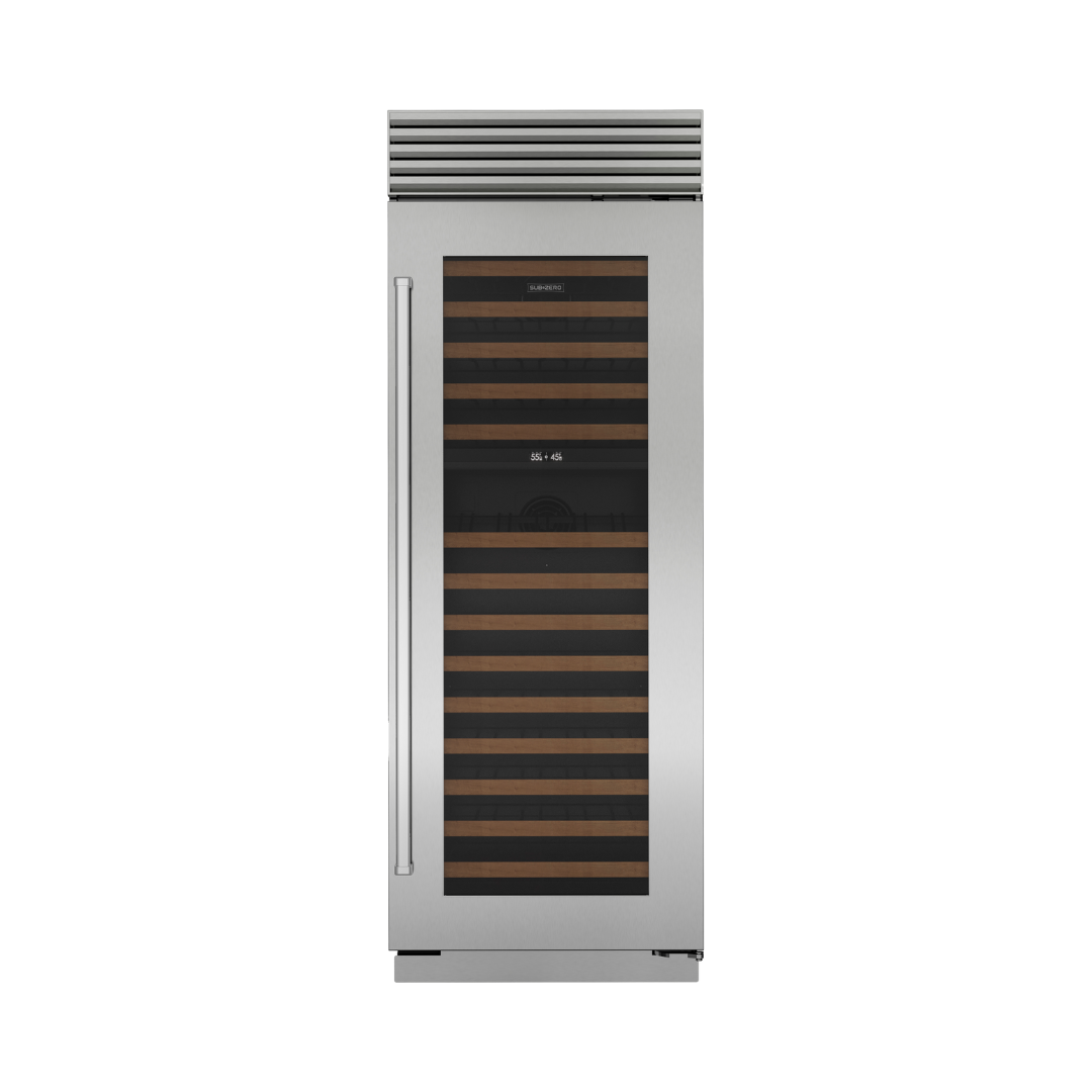 30-inch Classic Wine Storage unit with stainless steel finish, dual temperature zones and wooden display shelves