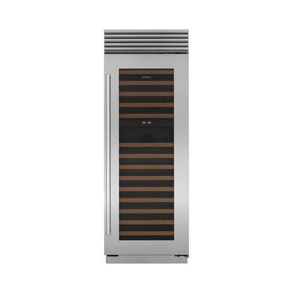 30-inch Classic Wine Storage unit with stainless steel finish, dual temperature zones and wooden display shelves