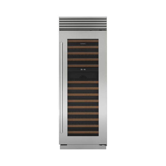 30-inch Classic Wine Storage unit with stainless steel finish, dual temperature zones and wooden display shelves